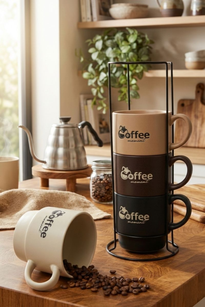 4pc Coffee Mug with Stand - Mix Black - Image 1