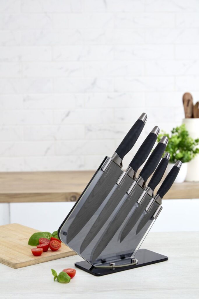 5pc Damascus Knife Set Black with stand - Image 1