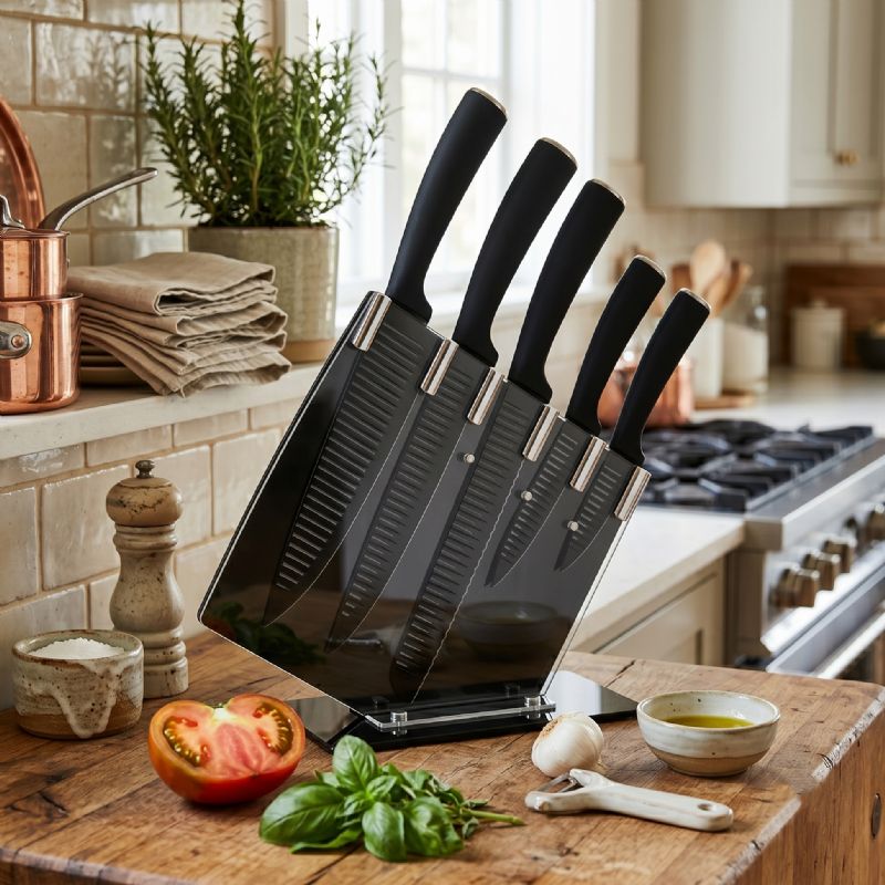 5pc Grooved Knife Set with Stand - Image 1